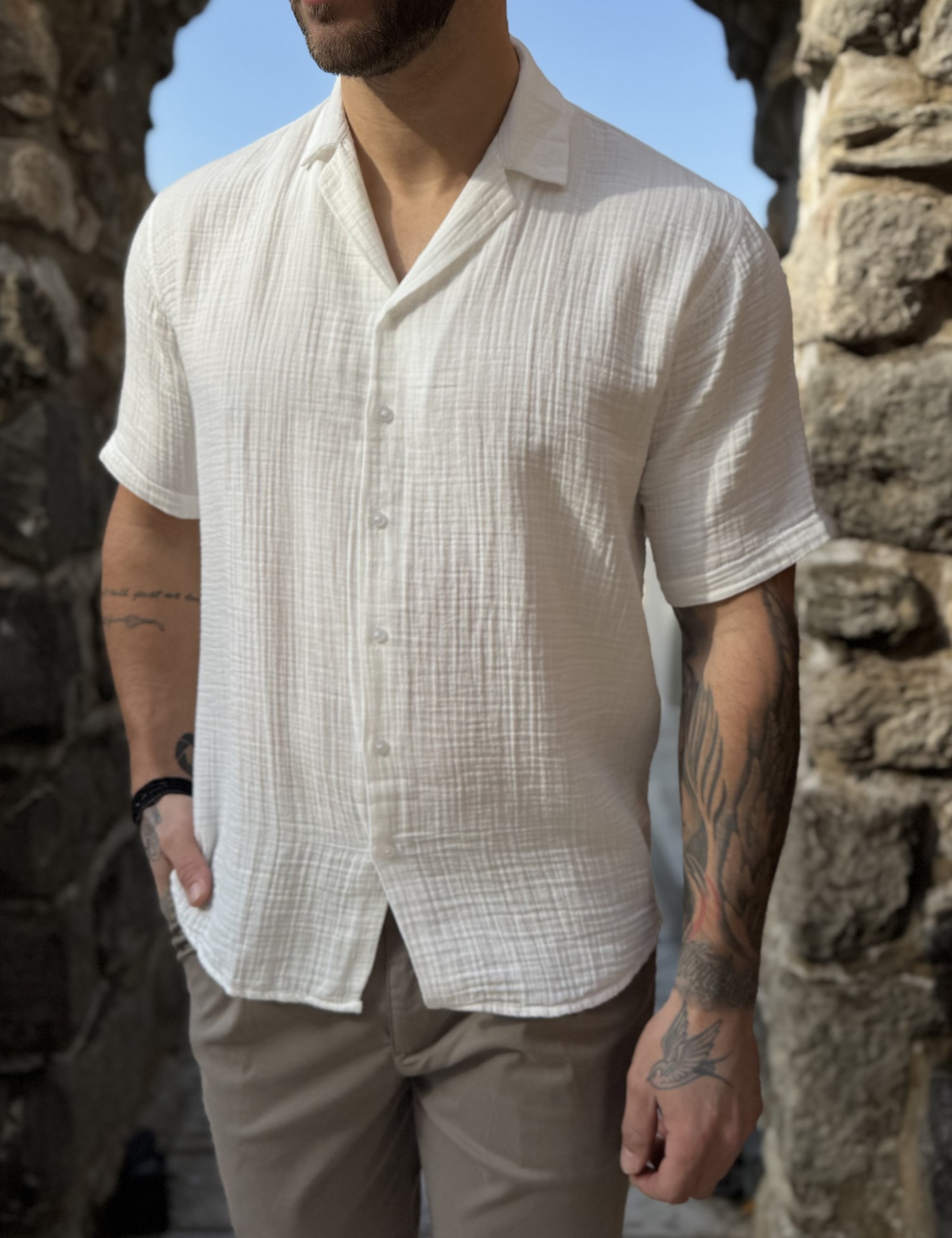 Ανδρικό λευκό βαμβακερό κοντομάνικο πουκάμισο TST2555W